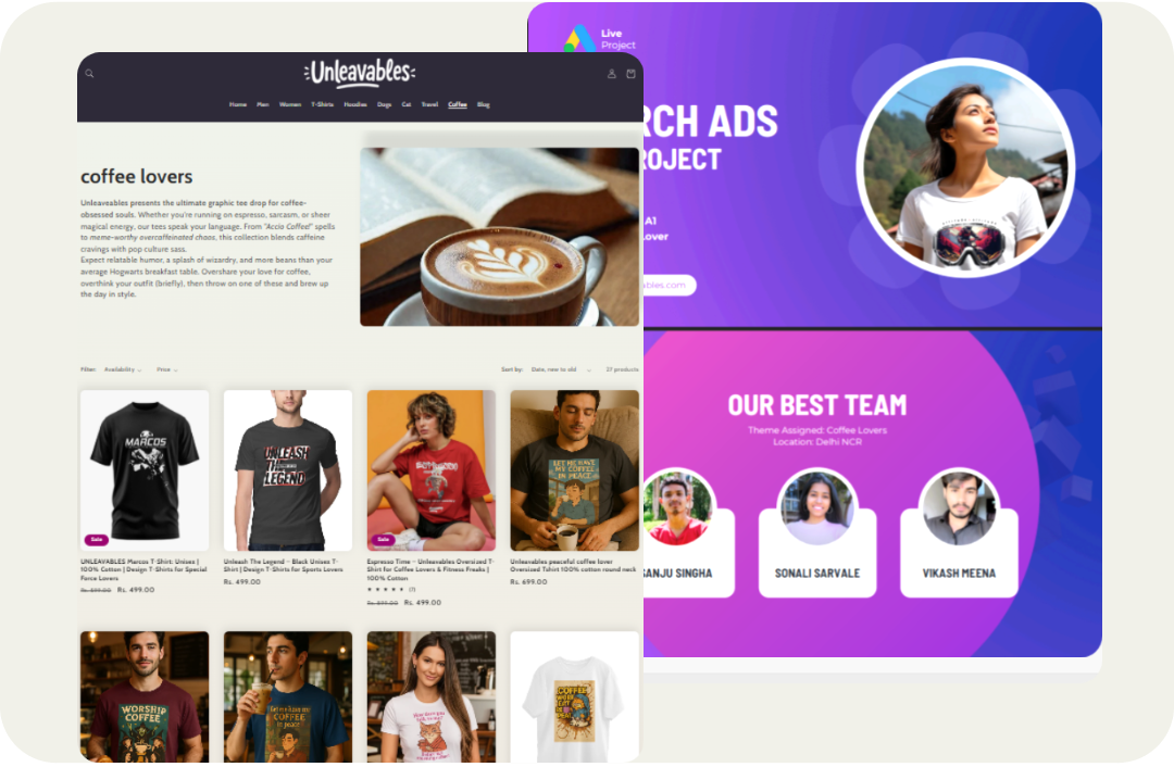 Executed Google Search Ad campaigns to bring relevant traffic to Unleavables coffee-themed apparel collection.